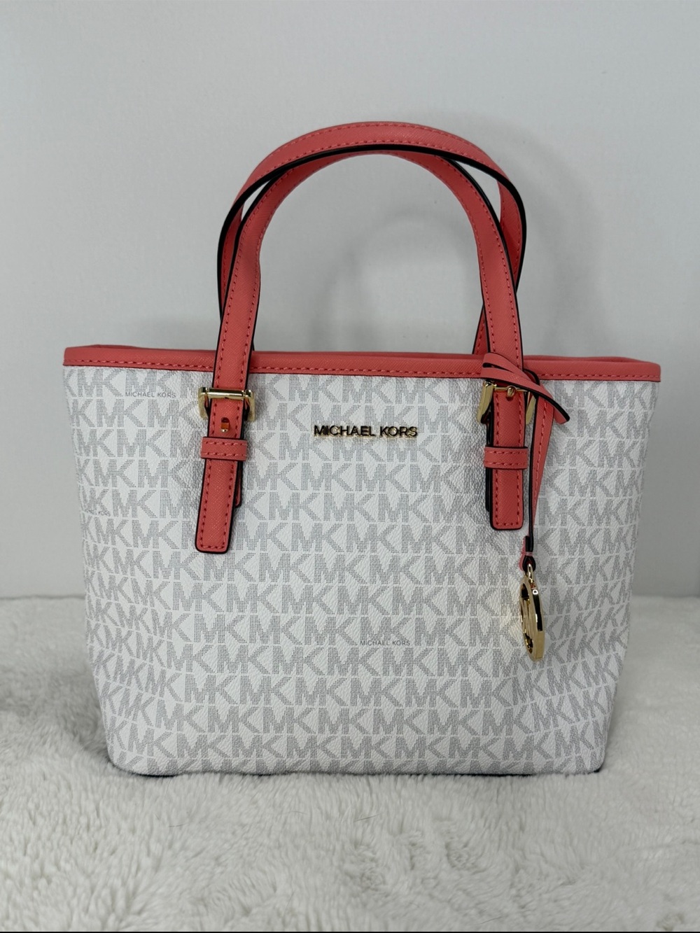 Michael Kors White & Coral Leather-Trim Logo Tote